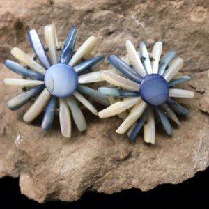 Vintage Mother of Pearl STARBURST BLUE Shell Earrings, Clip-on, Marked Japan,